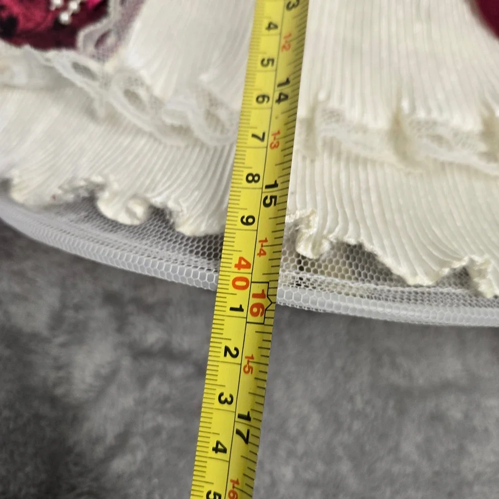 Vintage Porcelain Doll 16 Inch Burgundy Floral Dress Lace Ruffles Victorian